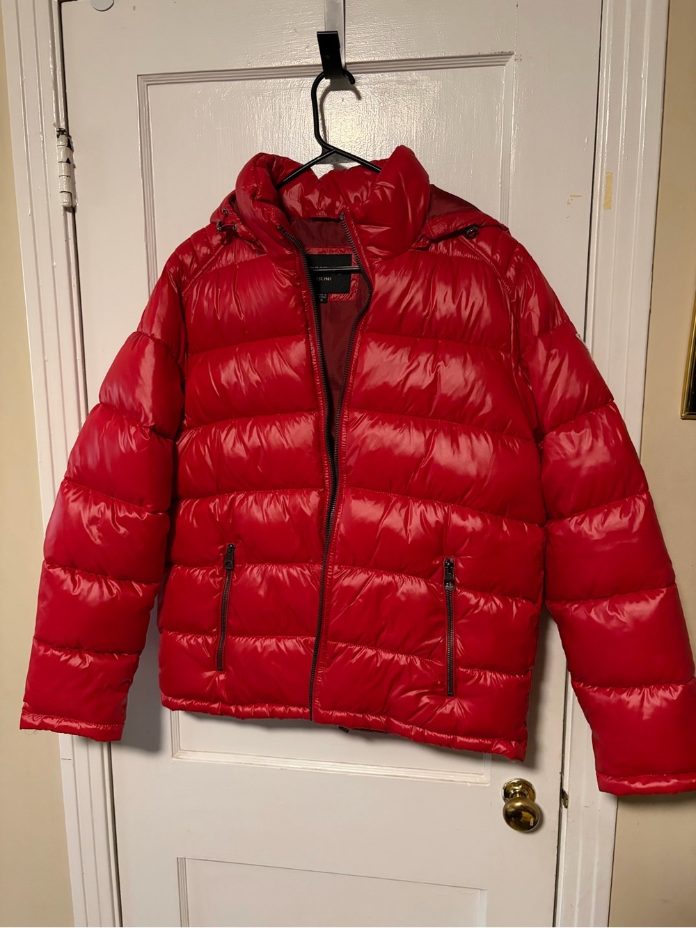 Guess Men's Red Quilted Puffer Jacket with Hood